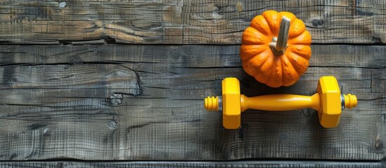 Poster - Fall themed gym concept with space on wooden surface featuring a yellow dumbbell and an orange pumpkin without a stem suitable for Halloween or Thanksgiving. with copy space image