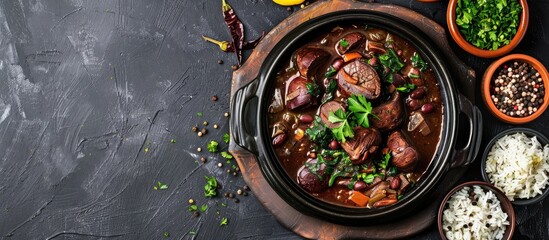 Fototapete - Top down view of a traditional Brazilian Feijoada dish with copy space image