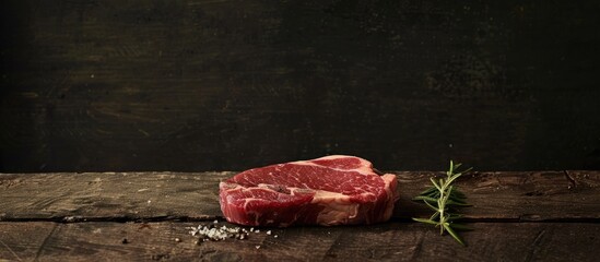 Fototapete - Beef steak displayed on a rustic table with a dark background providing ample copy space image