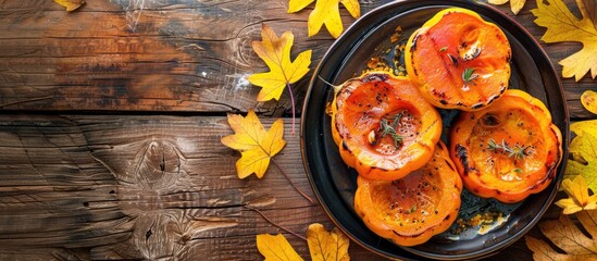 Leinwandbilder - Traditional fall treat of grilled pumpkin served warm as dessert on a rustic table with yellow leaves and viburnum Top view with copy space image ideal for Halloween