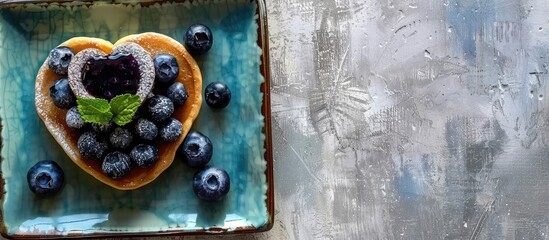Aufkleber - Blueberries and icing sugar top Japanese style pancakes on a square green plate with a heart shaped jam creating a delicious breakfast scene against a light background Ample copy space for text or des