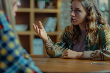 A close-up of two young women talking at a table. Female patients and clients cross their palms on the table to express listening attention, counselors, experts, psychologists, counselors