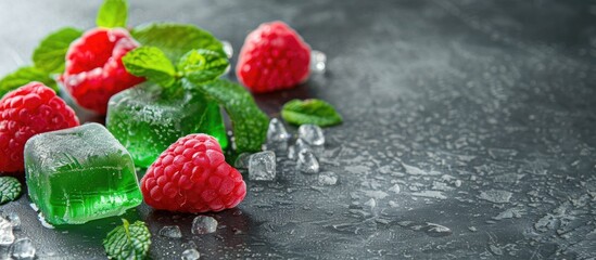 Poster - Gray concrete background with mint and raspberry green jelly captured from a side view showcasing copy space image