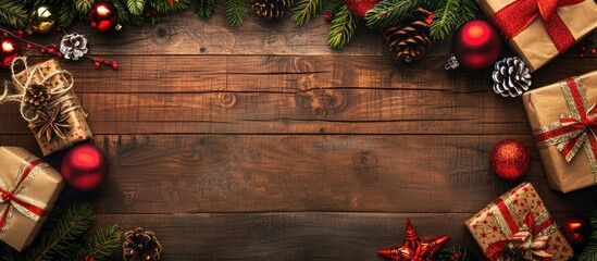 Poster - Christmas gifts and decorations displayed on a wooden background in a copy space image