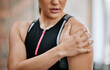 © peopleimages.com - Girl, hand and shoulder pain in gym for muscle strain, inflammation or fibromyalgia in fitness exercise. Sports injury, woman or hurt arm in accident with dislocated joint bruise, sprain or tension