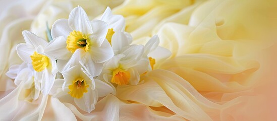 Aufkleber - Close up photo of a white daffodil bouquet with yellow fabric detail on a soft pastel background perfect for greeting cards or banners with copy space image