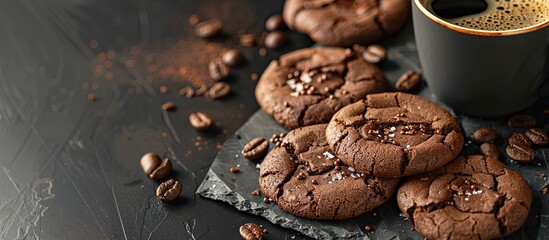 Fototapete - Chocolate cookies made at home displayed on a black backdrop with a cup of coffee in a copy space image