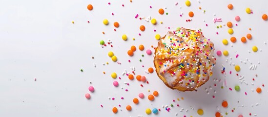 Poster - Mini gugelhupf adorned with vibrant sugar sprinkles on a white background with ample copy space image