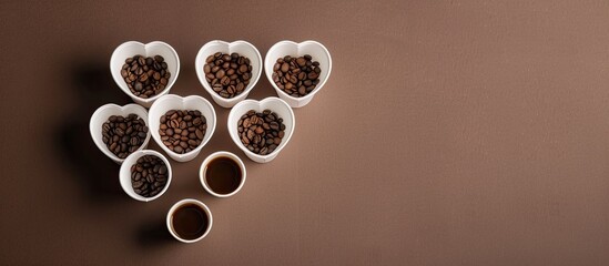 Aufkleber - White paper coffee to go cups arranged in a heart shape with coffee beans atop a brown background Includes white mock up paper cups for use as a copy space image