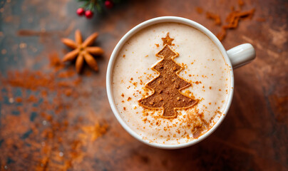 closeup of a coffee latte art of Christmas tree seen from above in the cafe, winter wallpaper cappuccino art	
