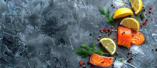 Poster - Salmon slices garnished with lemon dill salt and pepper in a flat lay image with copy space showcasing the process of fish preparation
