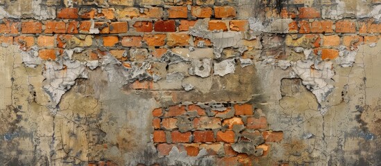 Wall Mural - Weathered brick wall with cracked cement and lichen stains perfect for a copy space image or wallpaper background