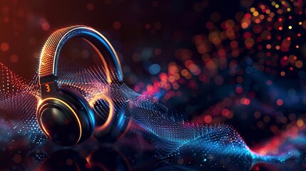 Wall Mural - 3d headphones with vibrant sound waves on a dark background, abstract visualization of digital sound