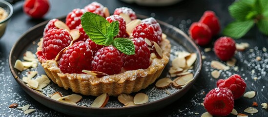 Poster - Raspberry tartlet with vanilla custard almond flakes and copy space image