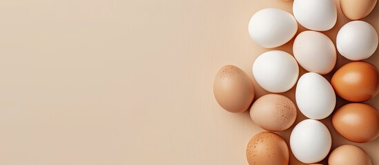 Aufkleber - Fresh chicken eggs neatly arranged with copy space image on a light beige background