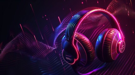 Wall Mural - 3d headphones with vibrant sound waves on a dark background, abstract visualization of digital sound