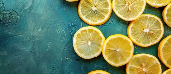 Aufkleber - Top view of fresh ripe lemon slices arranged on a green table in a kitchen setting with a clear area for adding text or images. with copy space image. Place for adding text or design