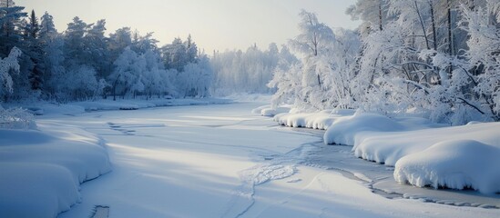 Canvas Print - In the chilly northern winter a blanket of white snow and frost envelops everything creating a serene landscape with a captivating copy space image