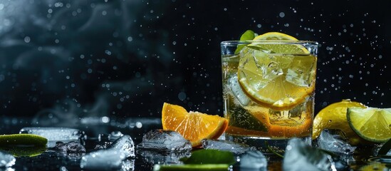 Poster - Chilled cocktail with lime lemon tonic vodka and ice on a black backdrop with copy space image