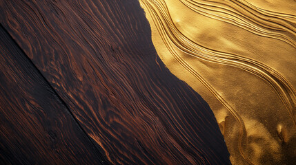 Poster - Abstract background of wood and gold metal. Brown wood and gold