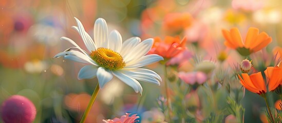 Leinwandbilder - White daisy flowers with a backdrop of other summer blooms in a copy space image