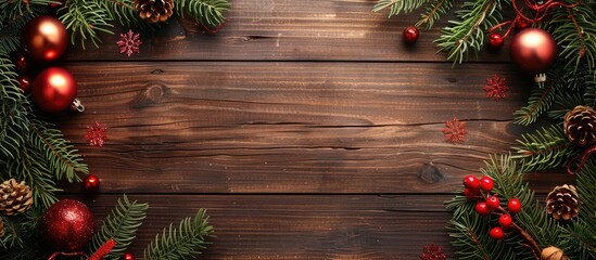Poster - Wooden background featuring Christmas decoration with copy space image