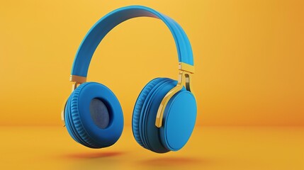 Wall Mural - 3d rendering of sleek blue headphones on vibrant yellow background – modern audio technology concept with minimalist design, perfect for music streaming services, podcasts, and digital media promotion