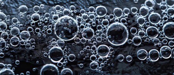 Panoramic close-up, high detail scan of bubbles on dark surface texture, Generative AI