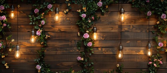 Leinwandbilder - A backdrop of a wooden wall adorned with delicate lamps and fresh blooms offers ample copy space image