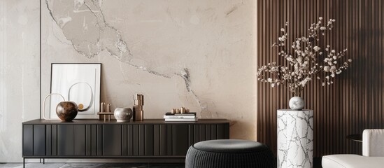 Poster - Stylish living room with a retro cabinet black pouf marble pedestals elegant accessories and an abstract background wall Mockup photo frame adds to the minimalistic home decor with copy space image