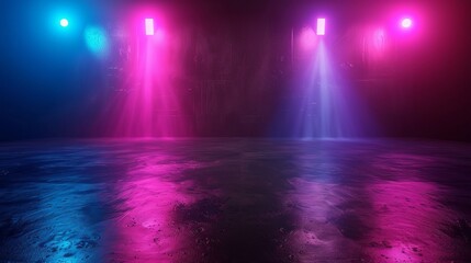 Wall Mural - 3d technology abstract neon light background with empty space scene, spotlight illumination in dark 