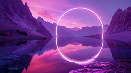 Wall Mural - 3d ultraviolet neon circle reflected on wet floor with mountain background