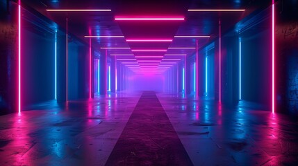 Wall Mural - 3d technology abstract neon light background with empty space scene, spotlight illumination in dark 
