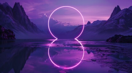 Wall Mural - 3d ultraviolet neon circle reflected on wet floor with mountain background
