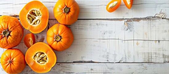 Wall Mural - Whole ripe orange persimmon fruit and slices displayed on a white wooden table with copy space image