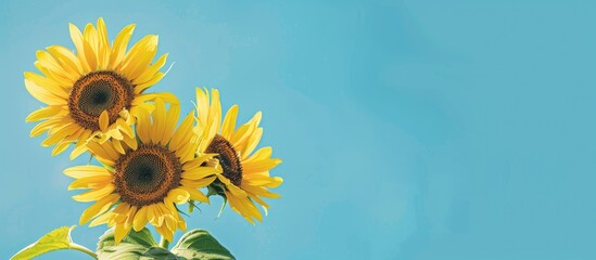 Wall Mural - Vertical banner featuring vibrant yellow sunflowers set against a blue sky backdrop designed with a copy space image for text placements as a mock up template