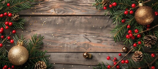 Poster - Decorative Christmas themed composition featuring pine tree frame red berries and a golden ornament on a wooden backdrop suitable for text and invitation cards with copy space image