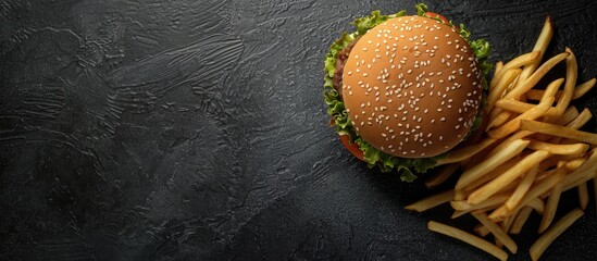 Aufkleber - Overhead shot of a hamburger and fries with space for text in the image. with copy space image. Place for adding text or design