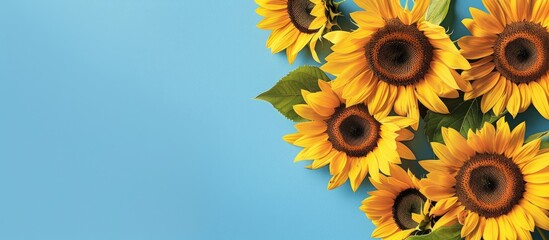 Poster - Vertical banner featuring vibrant yellow sunflowers set against a blue sky backdrop designed with a copy space image for text placements as a mock up template
