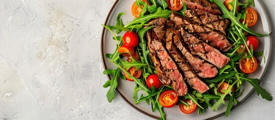 Aufkleber - Grilled beef slices with cherry tomatoes and arugula on a plate displaying beautifully against a plain background in a copy space image