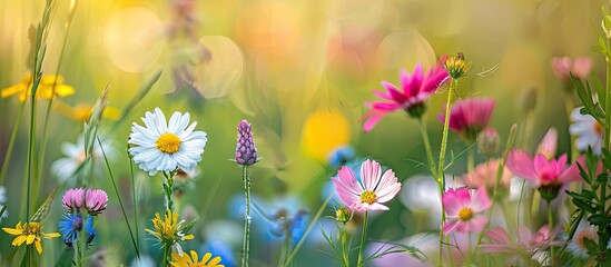Leinwandbilder - Close up of wildflowers in lush summer meadows with a blurred backdrop perfect for adding text with copy space image