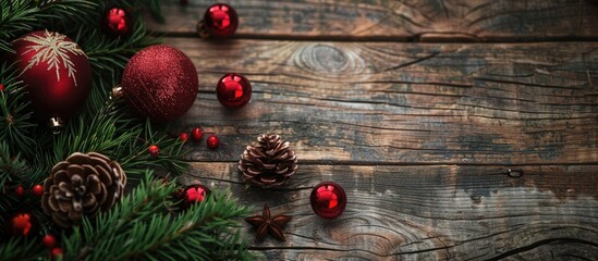Poster - Background for Christmas featuring a fir tree holiday ornaments presents on a weathered wooden surface with available copy space image