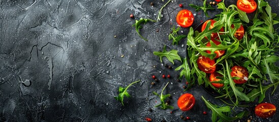 Poster - A fresh green salad featuring arugula and tomatoes on a dark background with copy space image