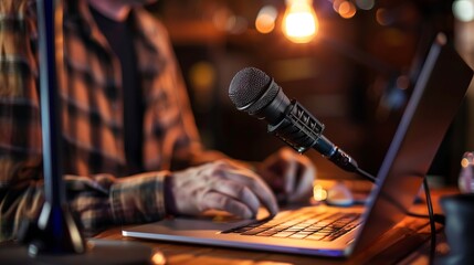 Wall Mural - Man hosting a live audio podcast with professional microphone and laptop in a modern home broadcast studio, perfect for digital media, technology, and online content creation themes