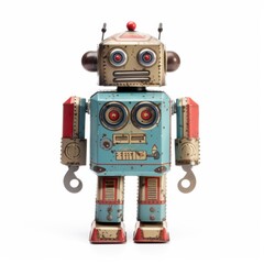 Vintage toy robot with a retro design, featuring tinplate material and intricate details. Ideal for collectors and retro enthusiasts.