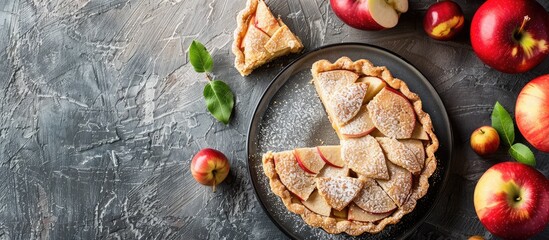 Fototapete - Delicious homemade apple pie cake sliced and served on a plate The image has copy space