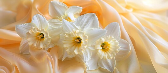 Aufkleber - Close up photo of a white daffodil bouquet with yellow fabric detail on a soft pastel background perfect for greeting cards or banners with copy space image