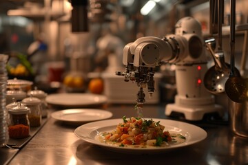 A robot chef cooking in a restaurant kitchen, A robotic chef preparing a five-star meal, AI generated