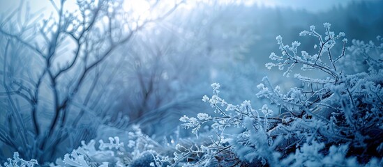 Poster - In winter icy trees and plants are highlighted in a nature themed copy space image