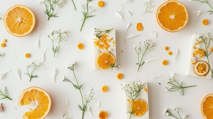 Sticker - DIY soap bars with oranges and flowers on white backdrop Spa theme body care Gift idea top down view Festive flat lay